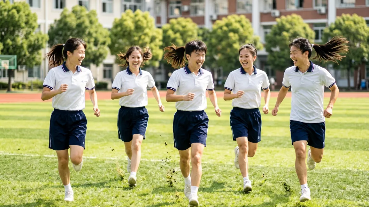 蜜桃传媒青春校园题材视频画面，阳光下校园操场上青年学生奔跑嬉闹